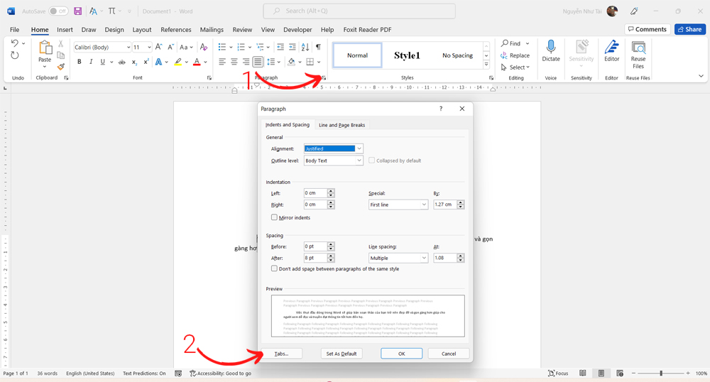 Cách thụt đầu dòng trong Word bằng Tab  - Bước 1