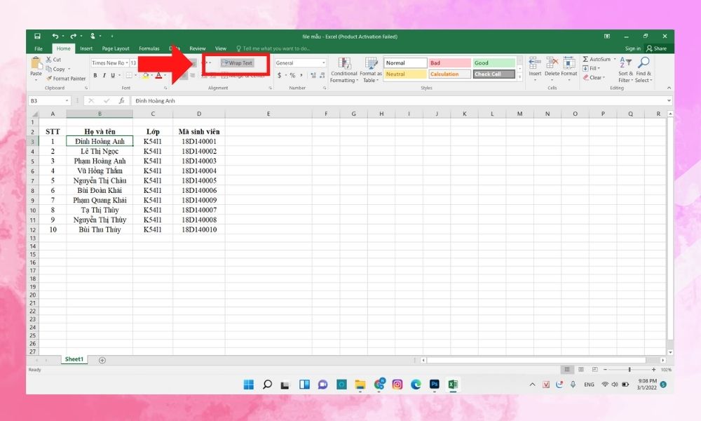 Xuống dòng trong excel bằng Wrap text - bước 2