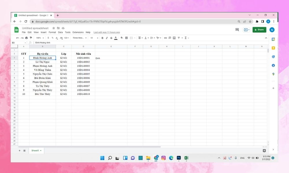 Xuống dòng với google sheets bước 1