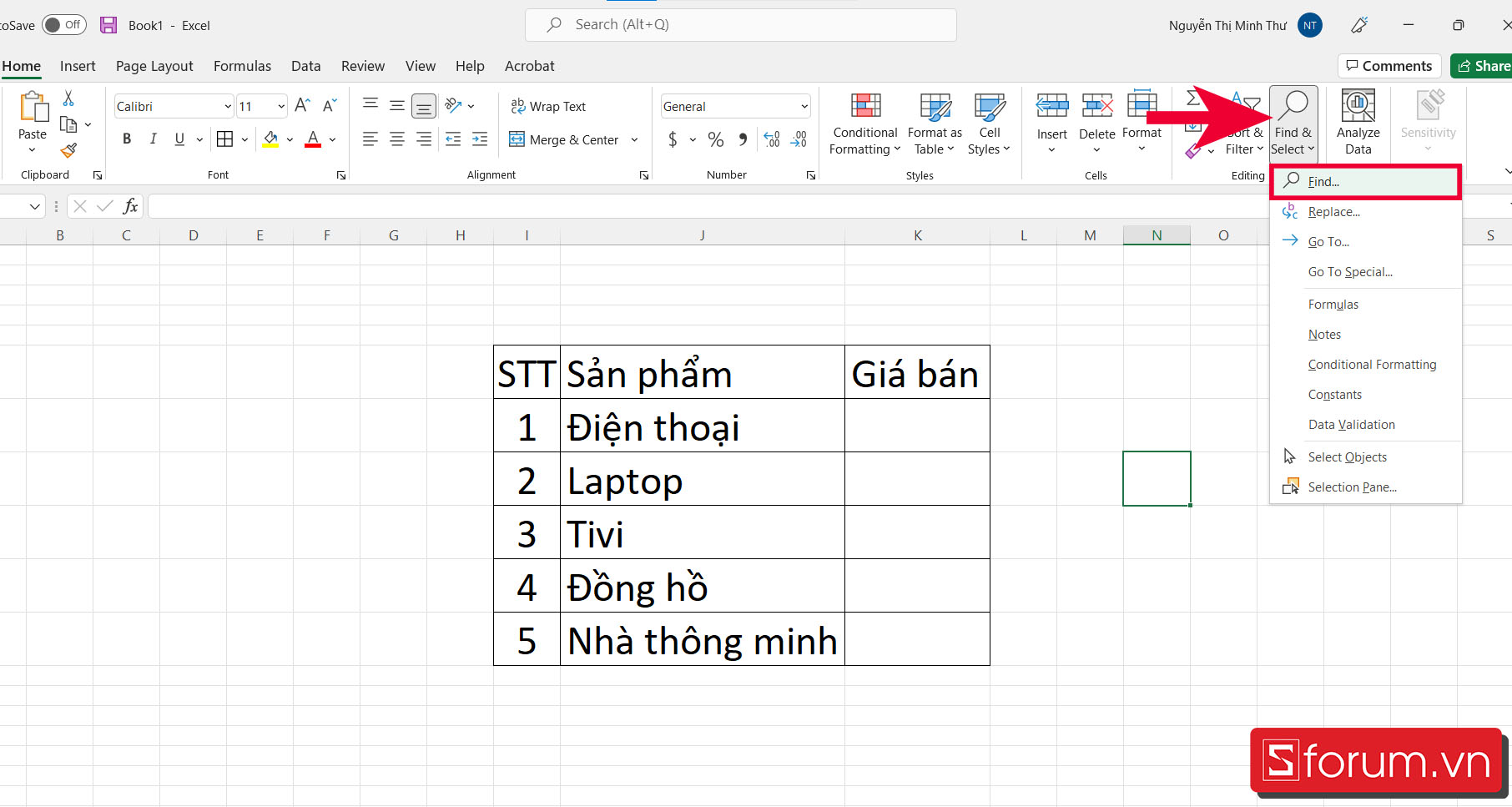 Cách tìm kiếm nhanh trong Excel bằng Find - bước 1