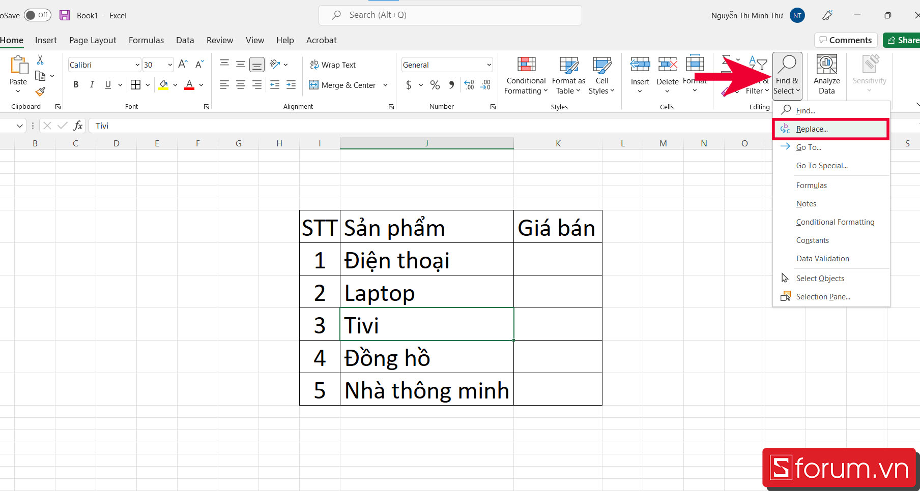 Cách tìm kiếm và thay thế trong Excel bằng Replace - bước 1