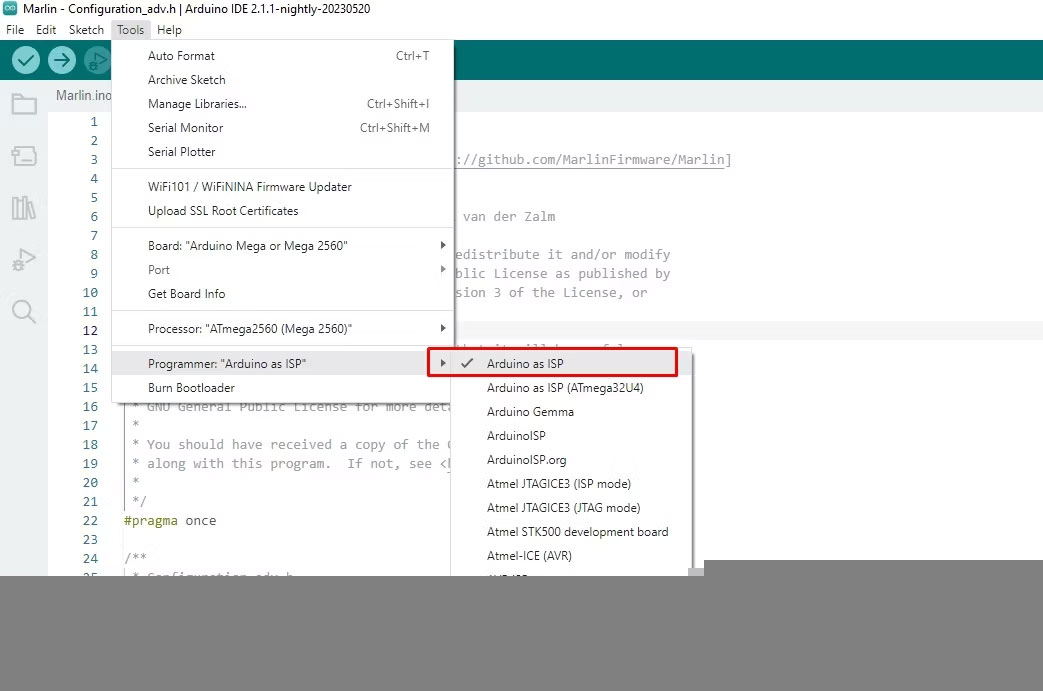 Chọn Arduino as ISP trong IDE