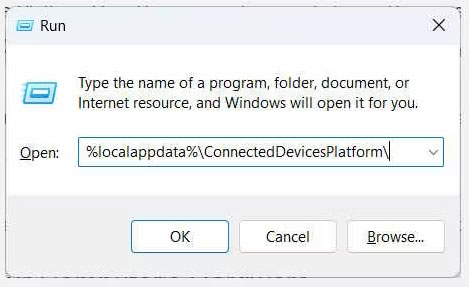 Dán %localappdata%\ConnectedDevicesPlatform\ vào hộp văn bản