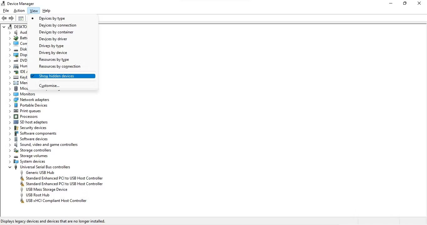 Nhấp vào tùy chọn Show hidden devices trong menu drop-down tab View của ứng dụng Windows Device Manager