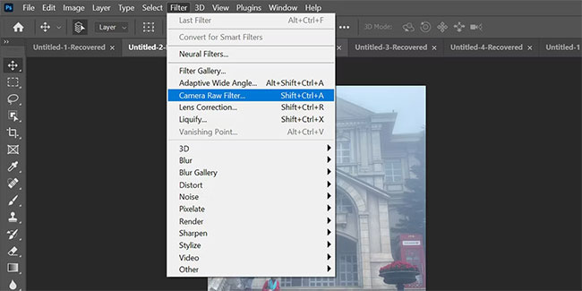 Chọn Camera Raw Filter trong Photoshop