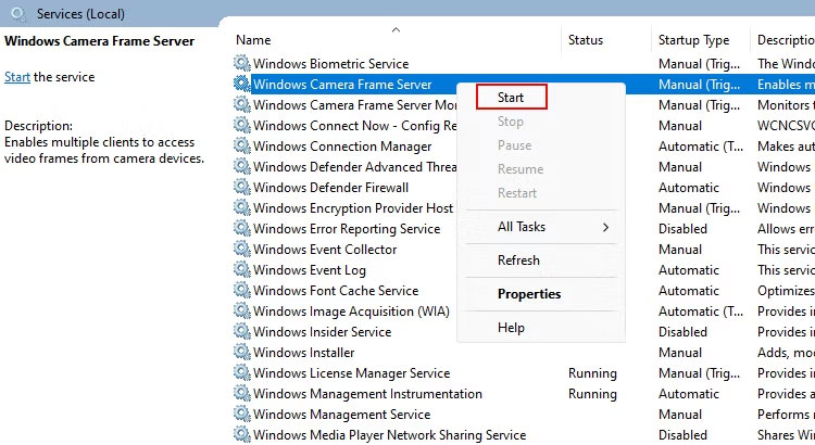 Service Windows Camera Frame Server