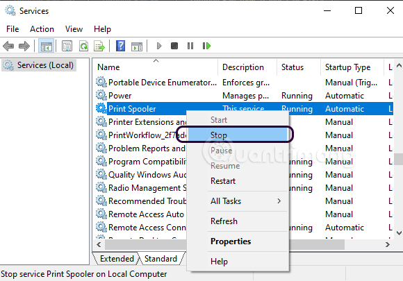 Chuột phải vào Print Spooler chọn Stop