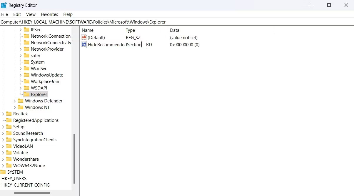 Ẩn phần Recommended trong Registry Editor