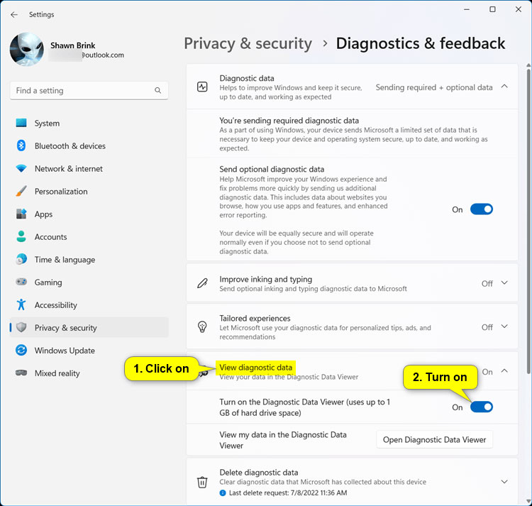 Kích hoạt Turn on Diagnostic Data Viewer