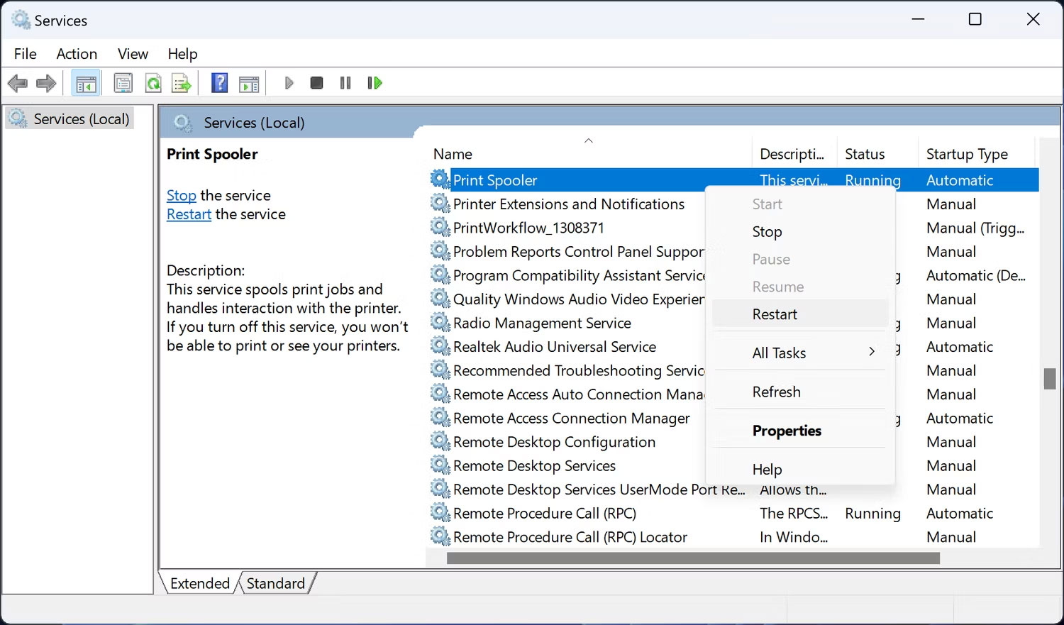 Khởi động lại Print Spooler trong Services trong Windows 11