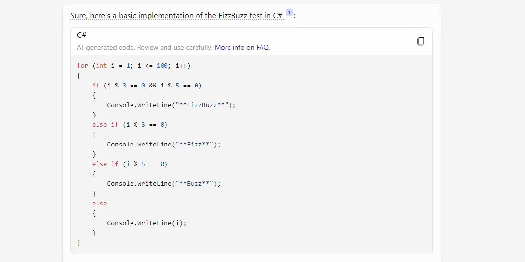 Copilot tạo thử nghiệm FizzBuzz trong C#