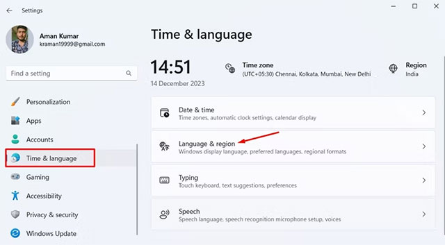 Nhấp vào "Language & Region"