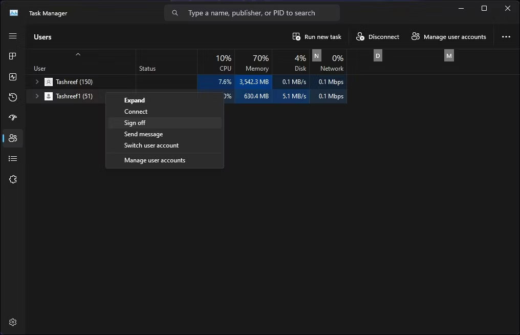 Tab Users trong Task Manager với tùy chọn Sign off trong Windows 11