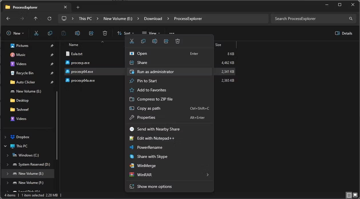 Tùy chọn chạy file Process Explorer Exe với quyền admin trong Windows 11