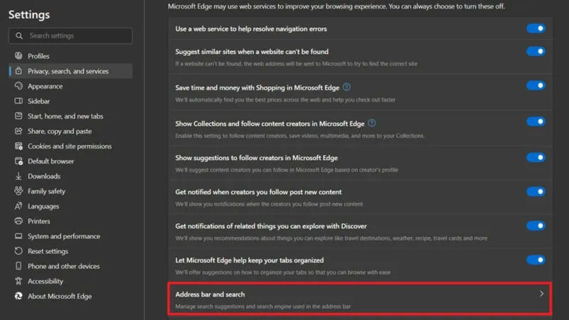 Nhấp vào tùy chọn Address bar and search trong cài đặt Microsoft Edge.