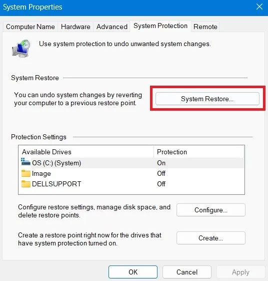 Nhấp vào nút System Restore trong System Properties.