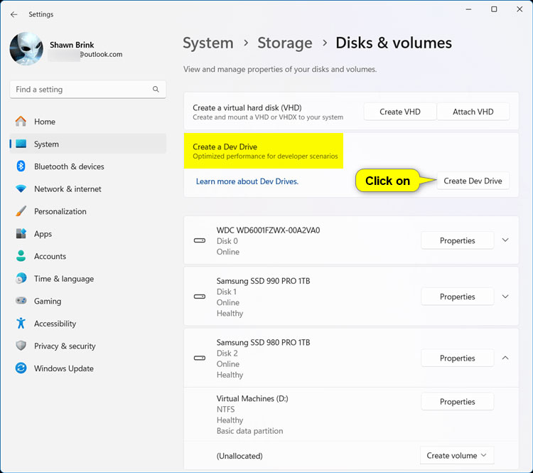 Nhấp vào nút Create Dev Drive