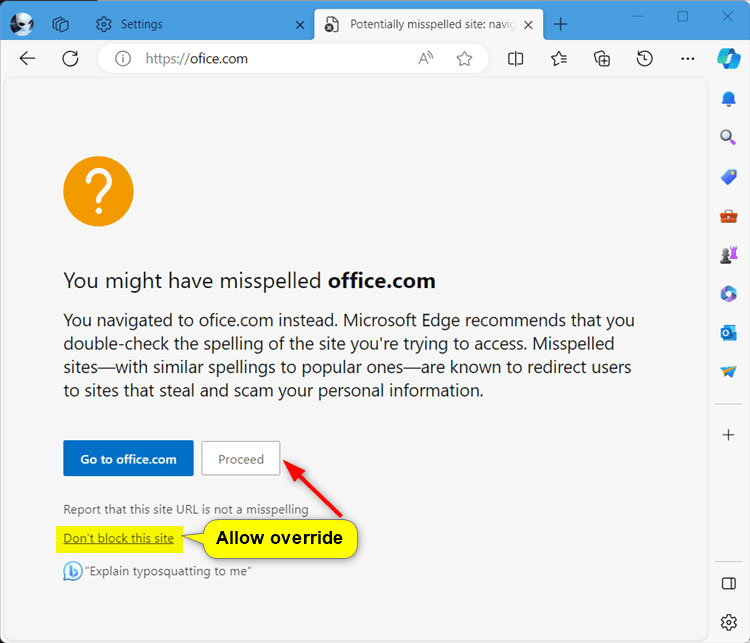Cho phép bỏ qua cảnh báo Website Typo Protection trong Microsoft Edge