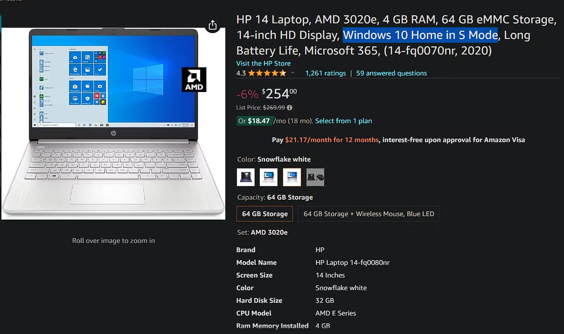 Laptop Windows 10 S Mode trên Amazon