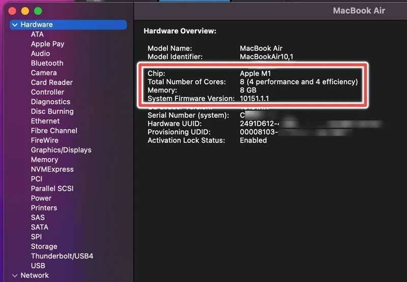 Tổng số lõi trong thiết bị MacBook Air cùng với bộ nhớ tính bằng GB.