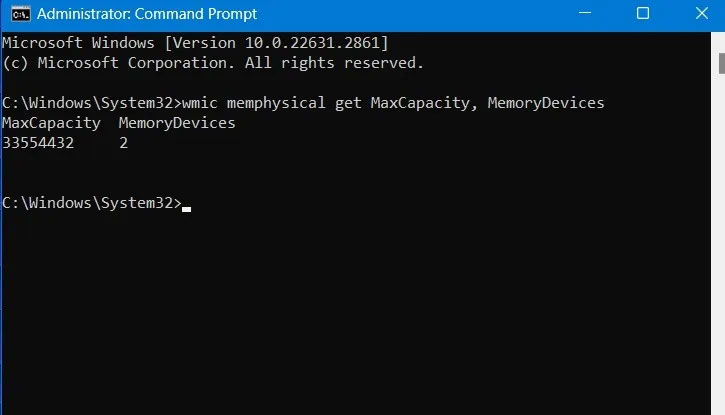 Lệnh MaxCapacity để xác định dung lượng RAM tối đa có thể được cài đặt trên thiết bị Windows
