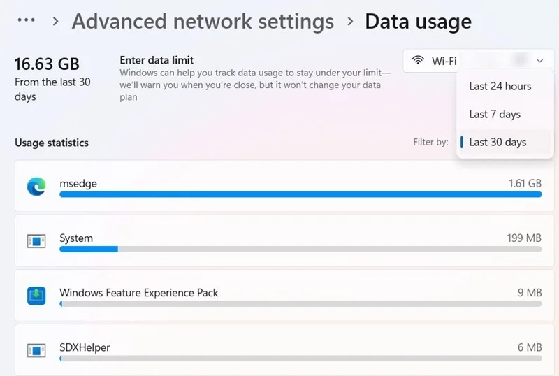 Xem Data Usage thông qua cài đặt Network & Internet trong Windows 11