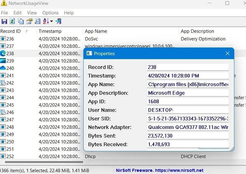 Xem Bytes Sent và Bytes Received cho mỗi tiến trình/ứng dụng bằng NetworkUageView, một phần mềm miễn phí của Nirsoft