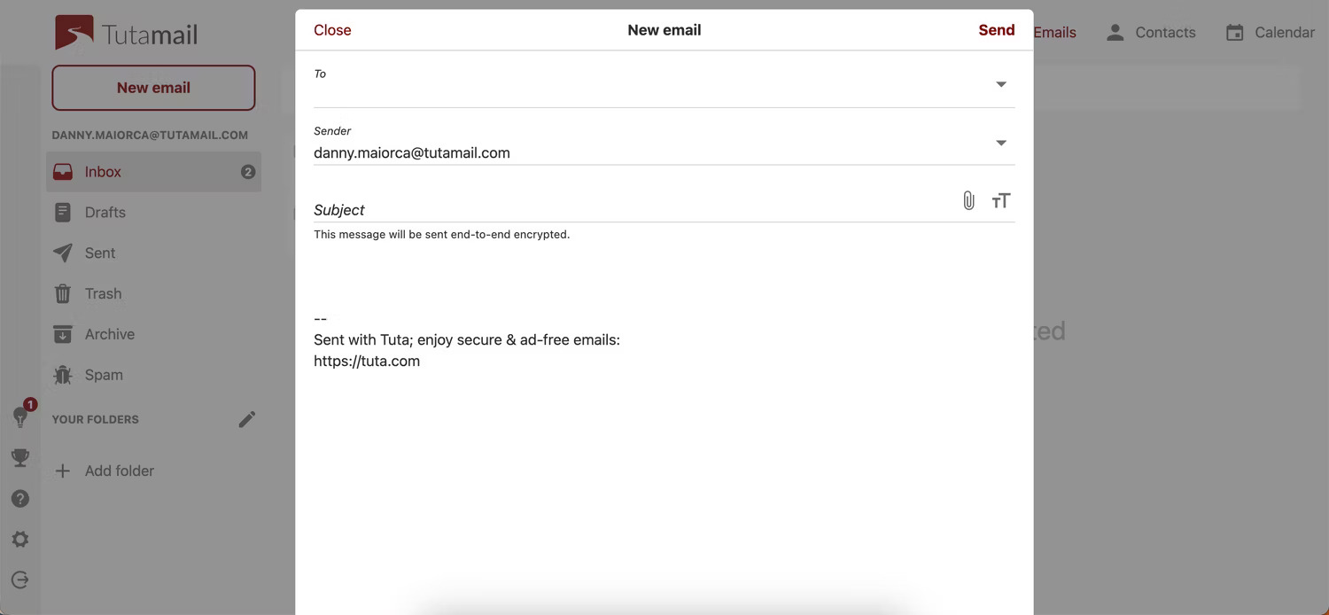 Email đang được tạo thủ công trong Tuta Mail