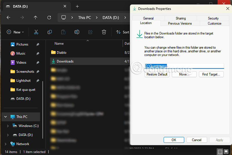 đổi thư mục download sang ổ D win 11