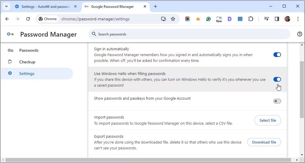 Kích hoạt tính năng mật khẩu Windows Hello cho Chrome