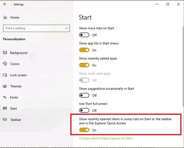 Kích hoạt tùy chọn Show recently opened items in Jump Lists on Start or the taskbar and in File Explorer Quick Access