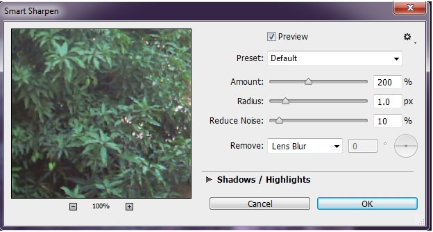 Hộp thoại Photoshop Smart Sharpen
