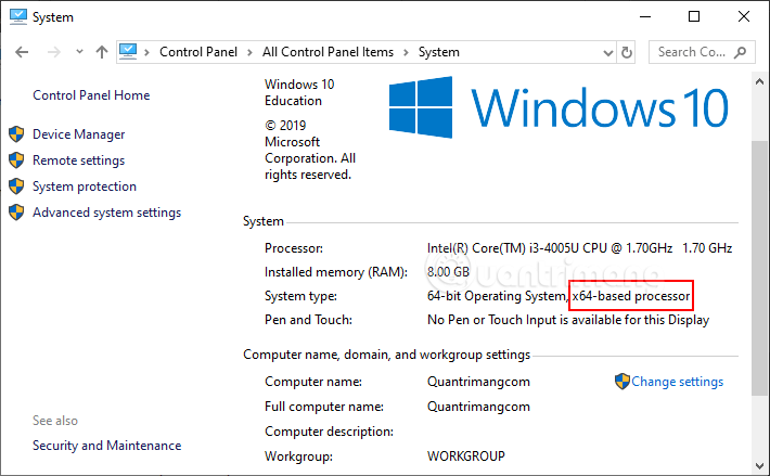 Xem thông tin CPU ở System type