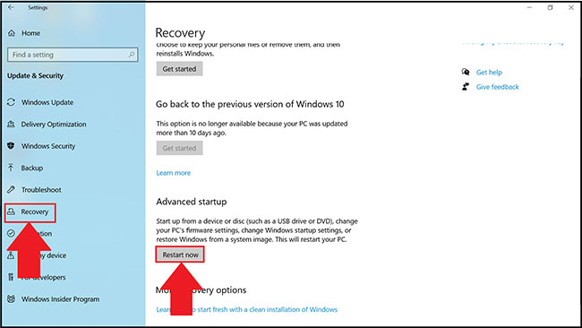 Nhấp vào Restart now