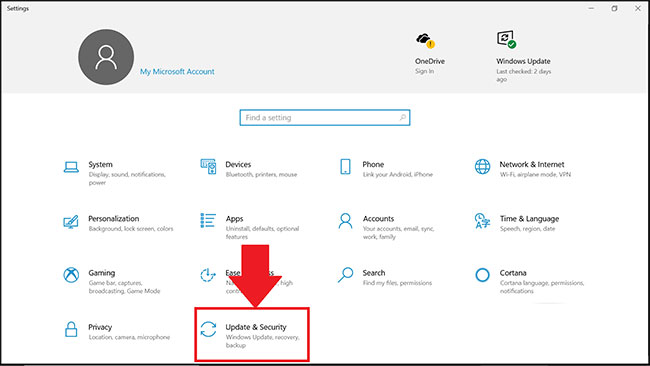 Nhấp vào Update & Security