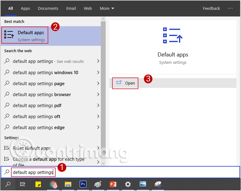 Tìm và chọn Default app settings