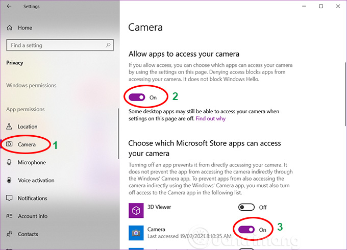 Bật Camera trong Settings 