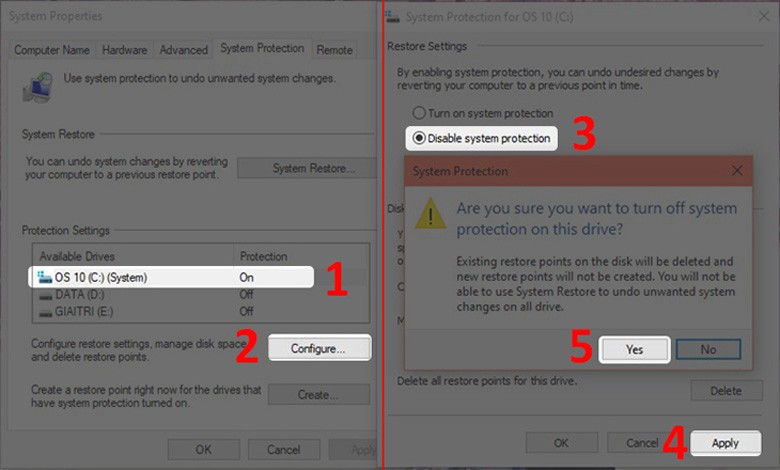 Chọn Disable system protection