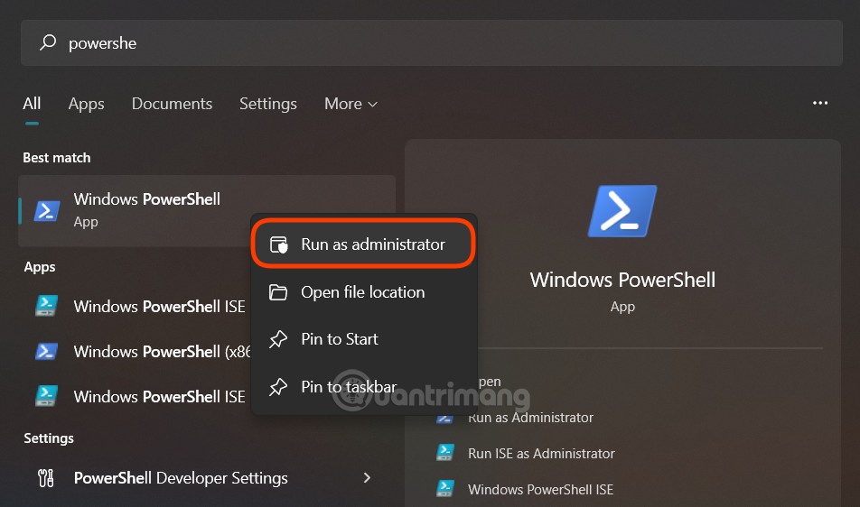 Mở PowerShell dưới quyền Adminitrator