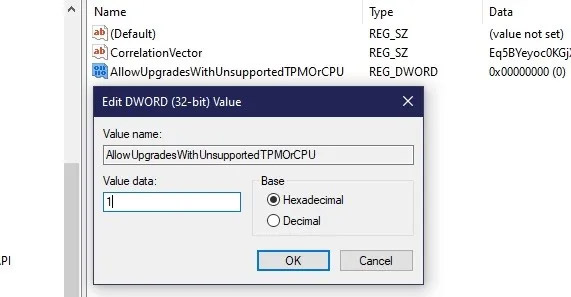 Đặt tên cho giá trị mới là AllowUpgradesWithUnsupportedTPMOrCPU