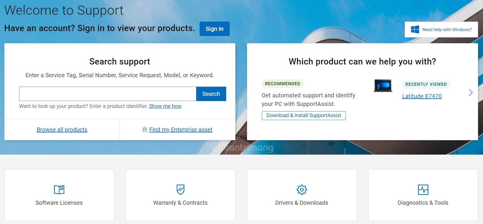 Giao diện trang hỗ trợ của Dell
