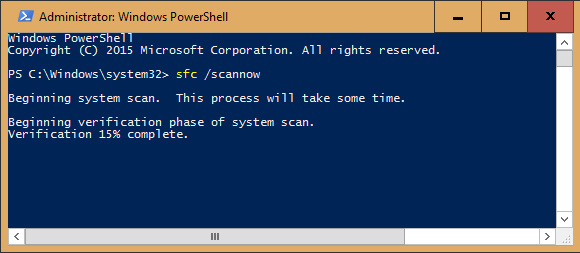 Trong cửa sổ chạy Powershell, gõ sfc /scannow và nhấn Enter