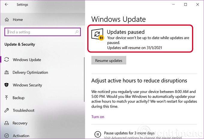 Bản cập nhật Windows 10 đã tạm dừng