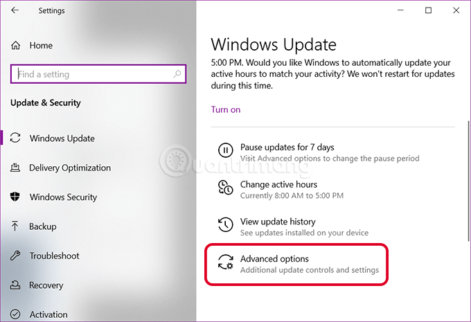 Mở tùy chọn nâng cao của Windows Update