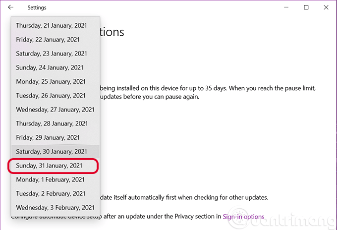 Chọn ngày dừng cập nhật Win 10