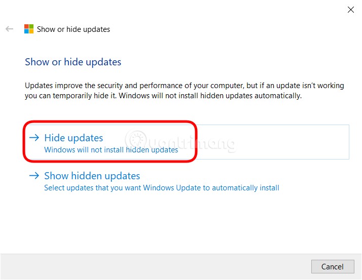 Nhấn vào Hide Updates