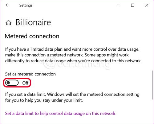 Bật tính năng Metered connection