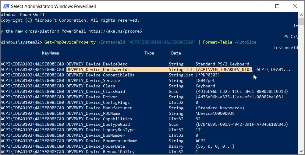 Chọn tùy chọn ID phần cứng trên PowerShell