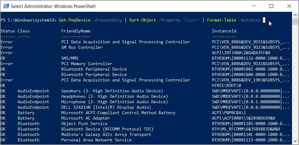 Cửa sổ PowerShell hiển thị thông tin thiết bị