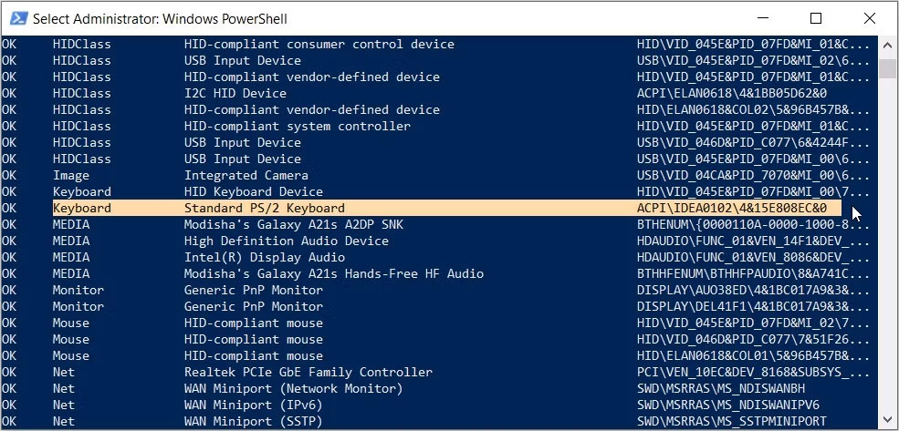 Chọn tùy chọn Keyboard từ các tùy chọn lệnh PowerShell